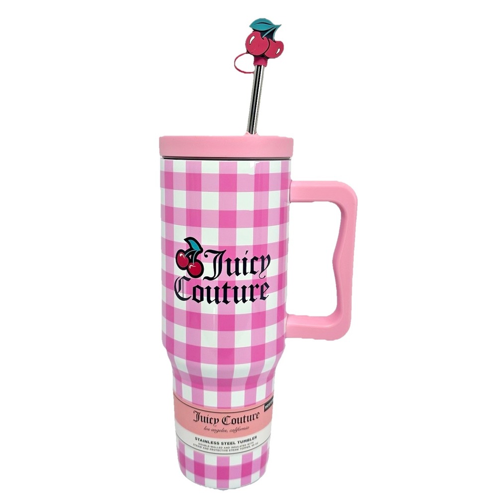 Juicy Couture Pink Gingham Cherry 40oz Tumbler w Handle Straw Stainless Steel